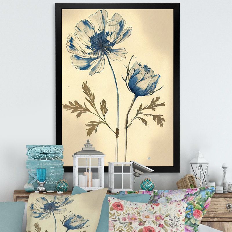«Blue Vintage Flower Blooming V», art mural sur toile florale, Impression noire sur toile encadrée