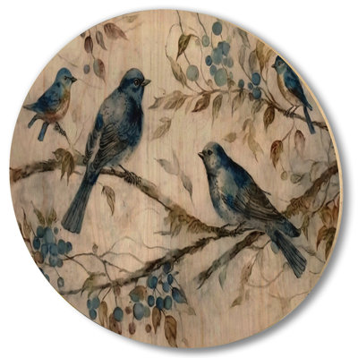 Quatre oiseaux bleus rétro sur une branche IV - Art mural en bois animaux oiseaux - bois de pin naturel