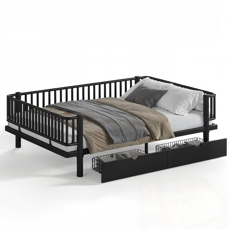 Grand lit plateforme avec tiroirs de rangement, Noir