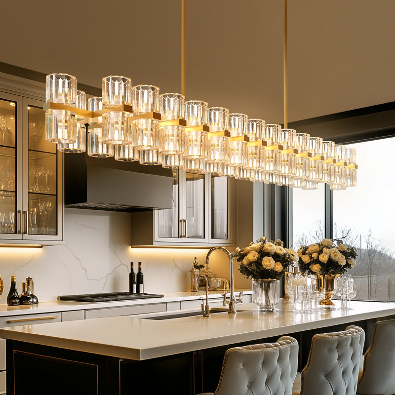 60-Light 53''L 3000K Kitchen Island Square/Rectangle Cup Chandelier Crystal Linear Pendant Lighting, Gold