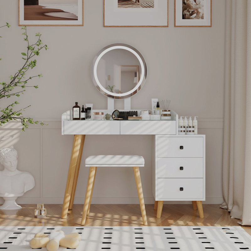 Coiffeuse avec lumières à DEL et coiffeuse avec table d'appoint extensible 5 tiroirs avec miroir et tabouret