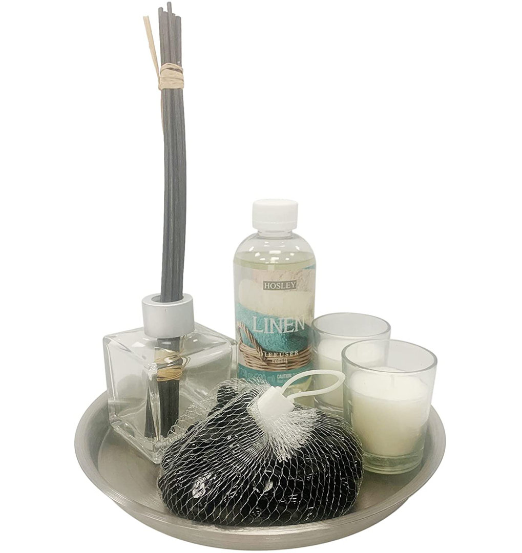 Hosley Aromatherapy Linen Diffuser Gift Set All in One, 230ml Linen Diffuser Refill Oil, Glass Diffuser Bottle, Reed Sticks, Metal Plate, Glass Black Filler and 2pcs Filled Candles in a Set HG Global