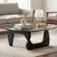 Table basse triangulaire moderne en verre avec base en bois massif noir, plateau en verre trempé gris, coins arrondis, L 32,5 po x l 22,5 po x H 16 po