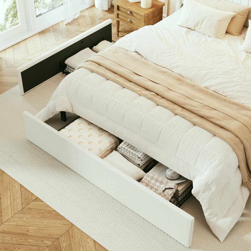 Base de lit plateforme avec rangement moderne avec tête de lit à DEL avec tablette, station de charge et 3 tiroirs, contrôle des applications