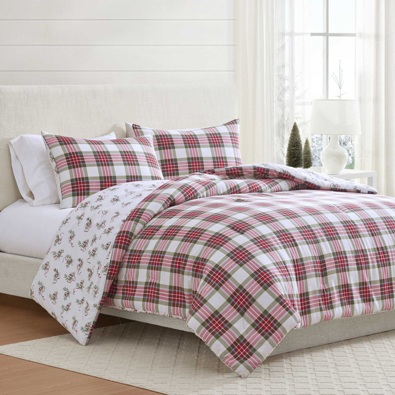 Martha Stewart Yuletide Spruce Plaid Cotton Flannel Red Comforter Set, Queen Comforter