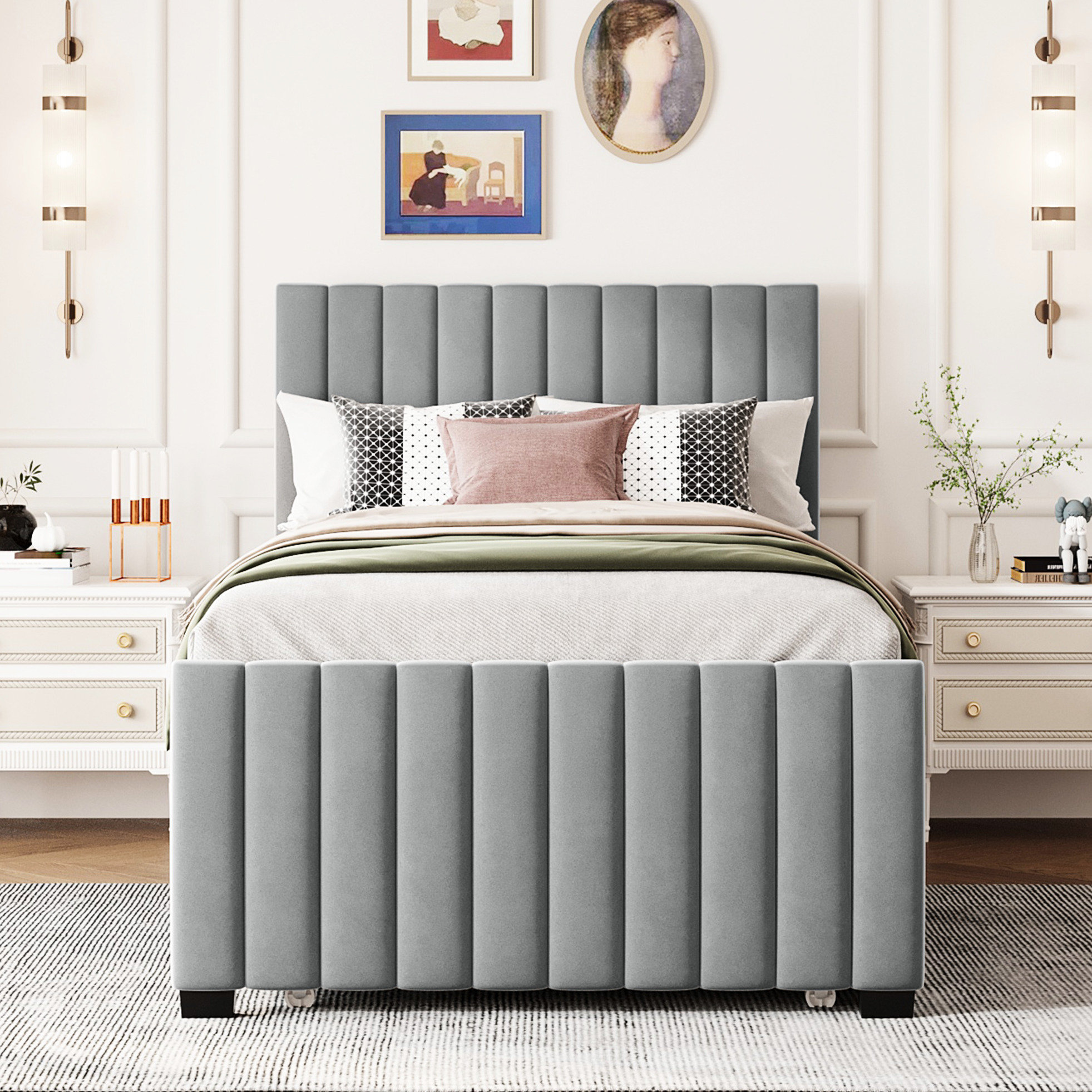 Mercer41 Twin Size Velvet Upholstered Platform Bed With Trundle - Build ...
