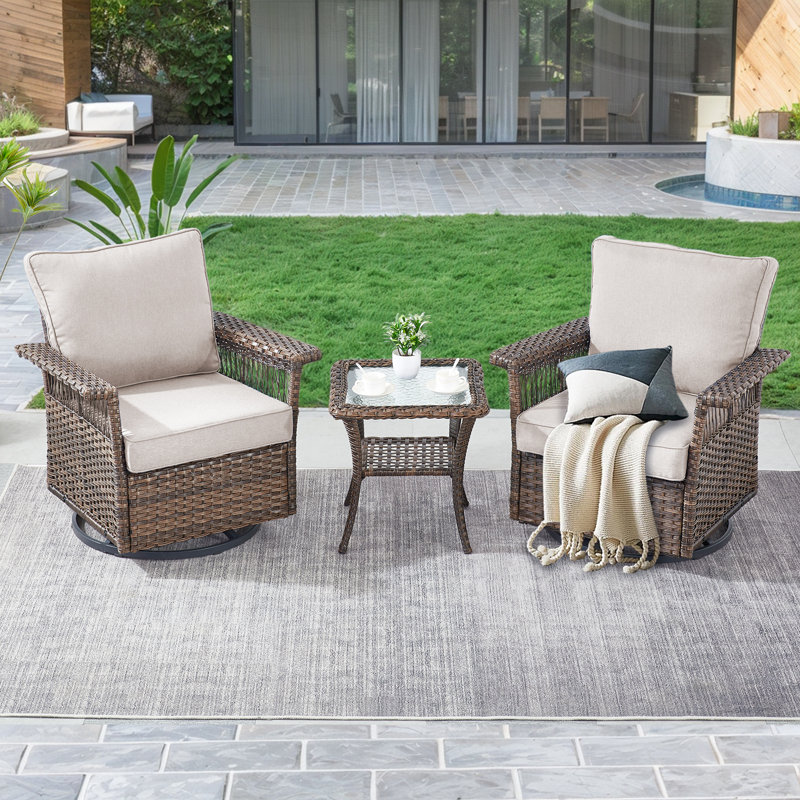 Tapash Emilka Outdoor Wicker Swivel Glider Chairs Set Of 2 With Cushions & Wicker Glass Side Table  Stylish Rattan Rocking Chairs For Relaxing On Patios, Decks, And Gardens