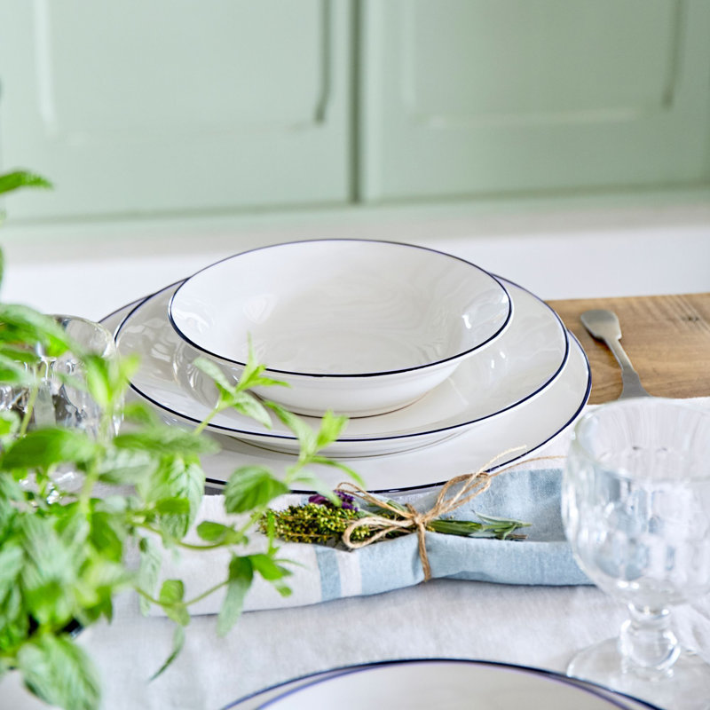 Beja Handmade Stoneware Pasta Dish, White/Blue