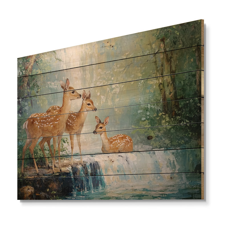 «Deer Family By A Waterfall II», impression sur bois brun moderne sur bois de pin naturel, H 10 po x l 20 po