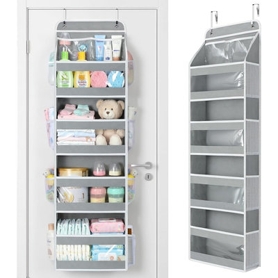 5 Tier 1pc Over The Door Organizer, Stuffed Animal Storage With Clear Pvc Windows, Door Organizer Hanging For Bedroom Nursery Closet Dorm Room Laundry Pantry Bathroom, Grey
