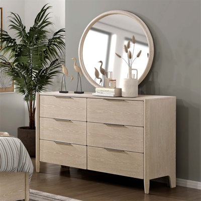 Commode moderne à six tiroirs avec miroir rond, finition chêne clair, tiroirs en queue d'aronde et glissières à roulement à billes pour un fonctionnement en douceur