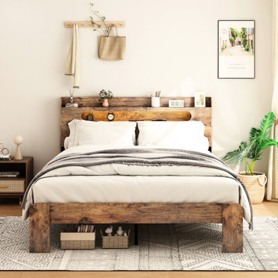 Cadre de lit plateforme en bois pour chambre à coucher pleine grandeur avec tête de lit à rangement, 2 lumières DEL, conception silencieuse, pas de sommier, assemblage simple, amplement de couleur brun foncé de la tête de lit et charge pratique,