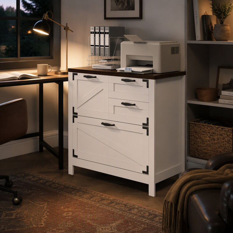 Classeur latéral blanc de style campagnard à 4 tiroirs avec rails de suspension réglables pour dossiers au format lettre, A4 et légal, support pour imprimante pour bureau à domicile