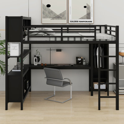 Metal Loft Bed With Wardrobe And L-Shaped Desk,  Storage Cubes And Shelves