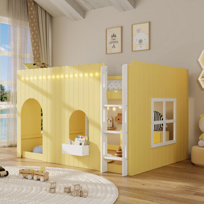 Full Size Kids Loft Bed with Warm LED Light String, Primrose Yellow
