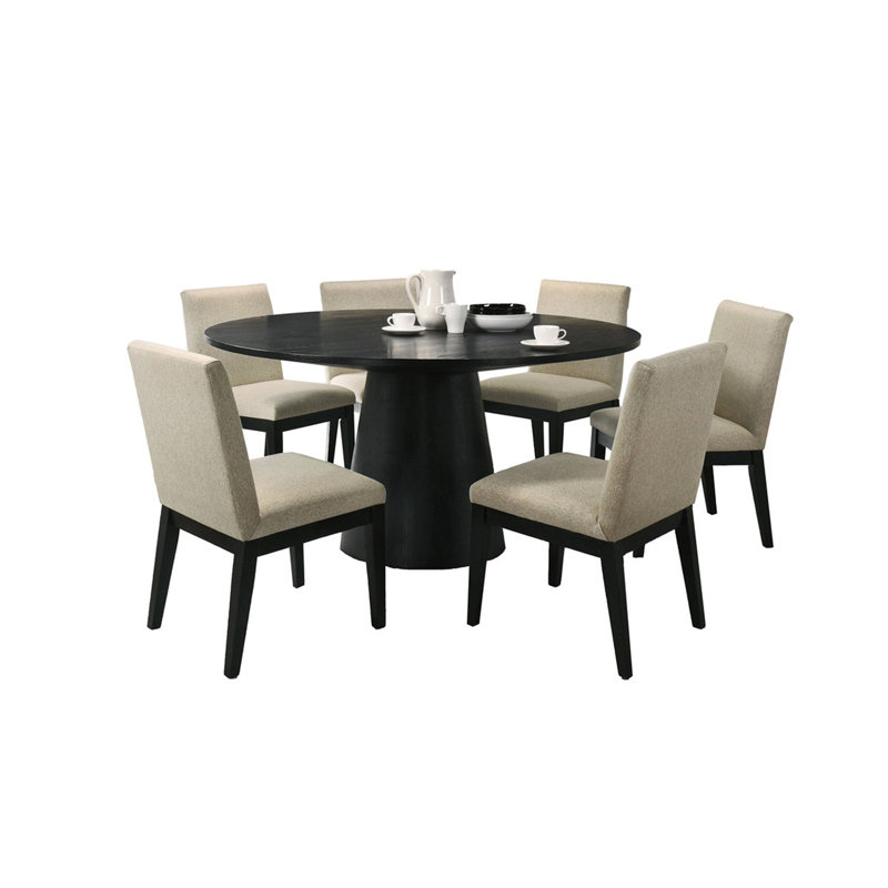 Ensemble de table de salle à manger 7 pièces 59 "avec base à piédestal et chaises en tissu beige, H 31 po x l 59 po x P 59 po