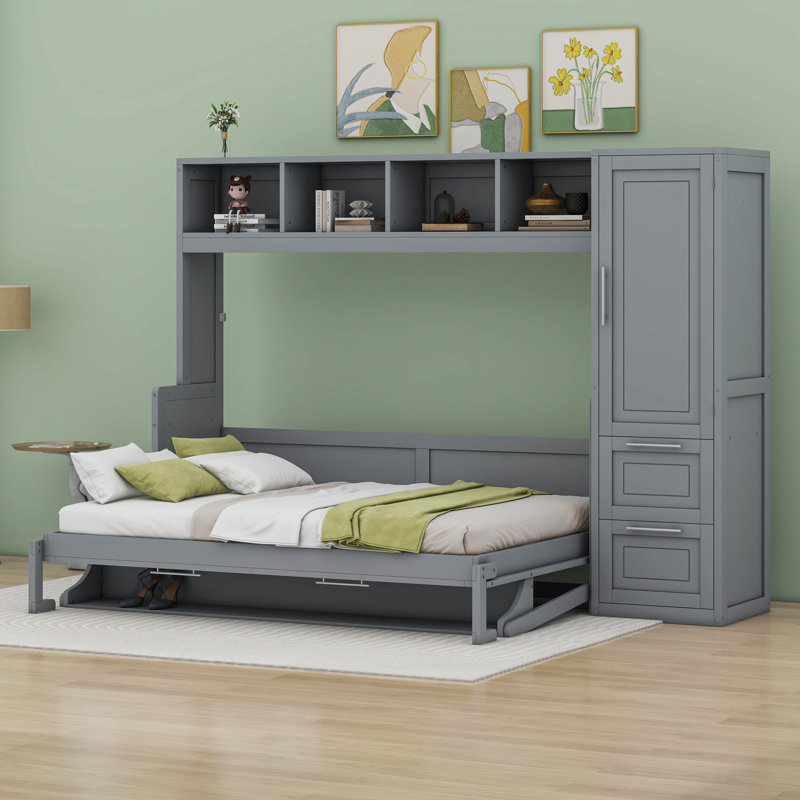 Lit escamotable double Kenelm avec placard et tiroirs, gris