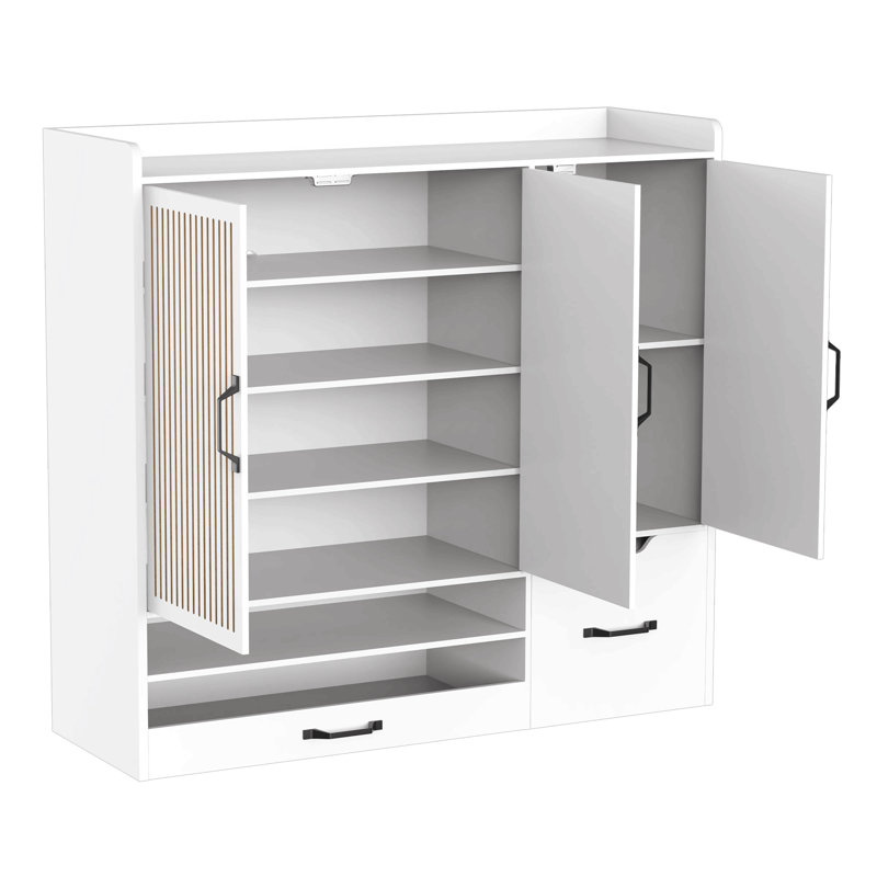 Armoire à chaussures multifonctionnelle avec tablettes réglables, tabouret et tiroir rétractable, offrant un rangement flexible pour divers articles et une conception peu encombrante