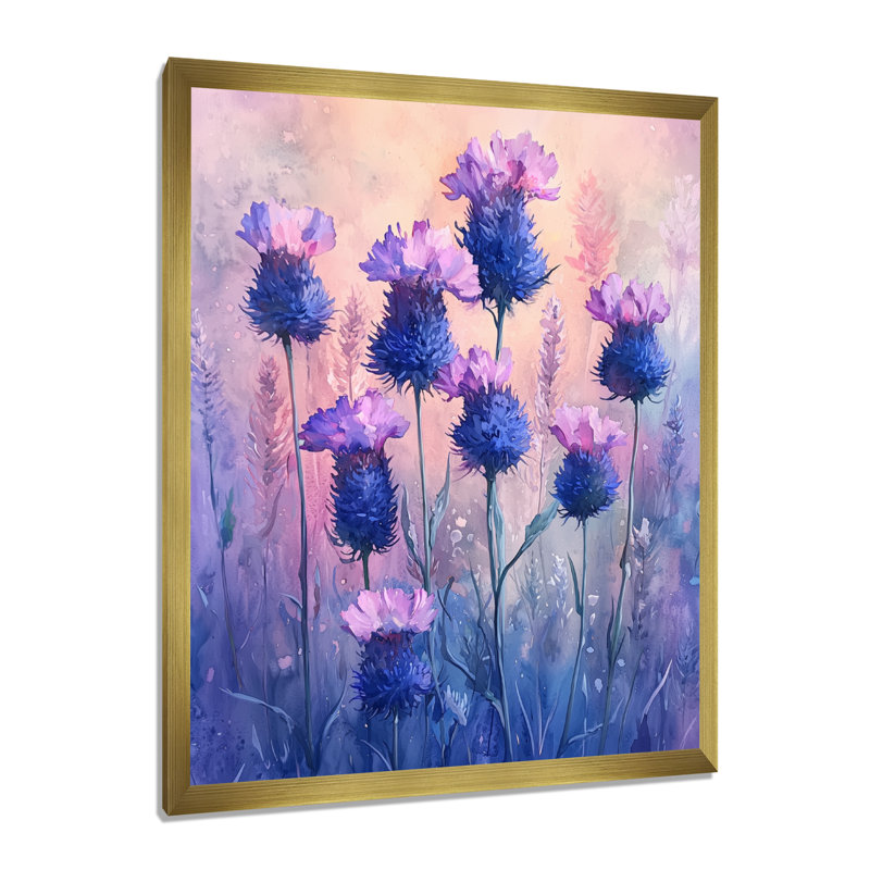Rêvant de champs de bleuet en mauve I - art mural floral salon, H 40 po x l 30 po, Picture Framed, Doré