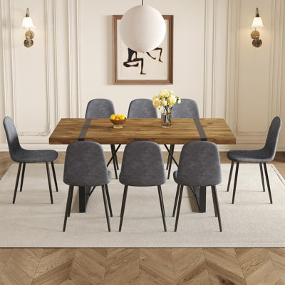 Dining Table Set For 8, Modern 71'' Dark Wood Dining Table And Fabric Dining Chairs Set Of 8, Table And Chairs Set Of 8, Ideal For Kitchen Dining Room.