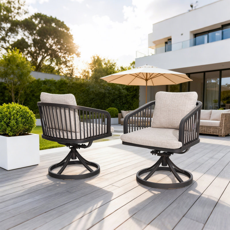 Asheville Patio 6 Person Aluminum Round Dining Set With Umbrella Hole, Swivel Dining Chairs With Cushions