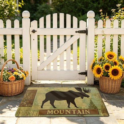 Vintage Moose Mountain Welcome Mat For Front Door, 24 X 36 Inch, Brown Green