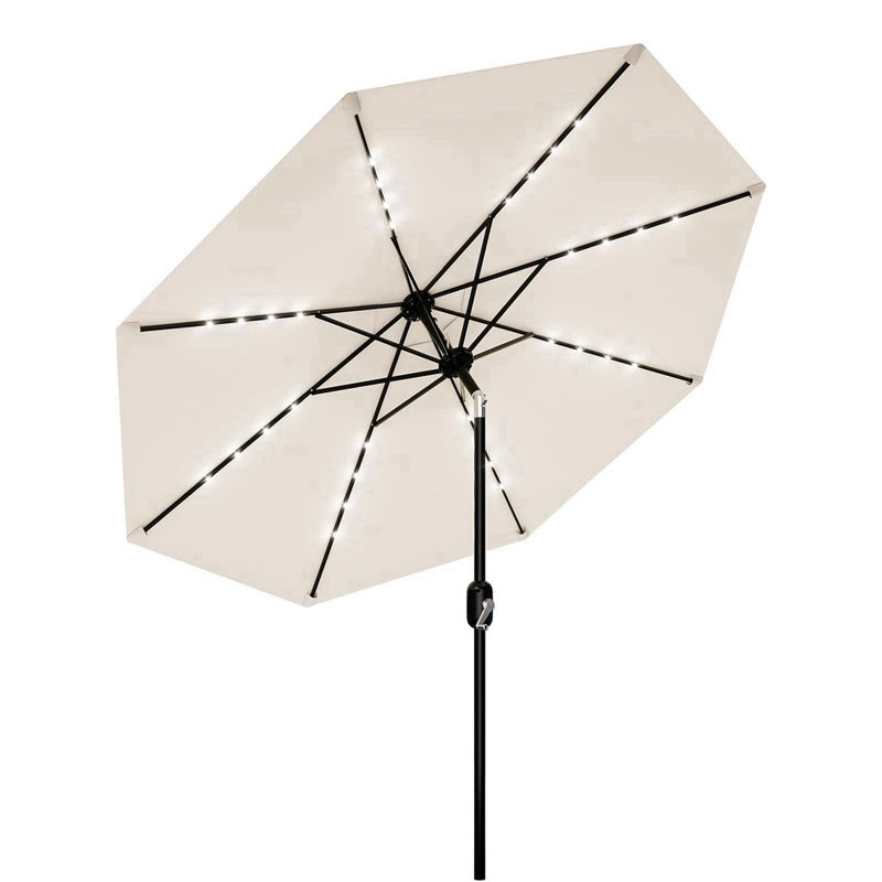 Parasol de marché 9 pi avec 8 manivelles et éclairage solaire à DEL rond avec manivelle et inclinaison, Beige