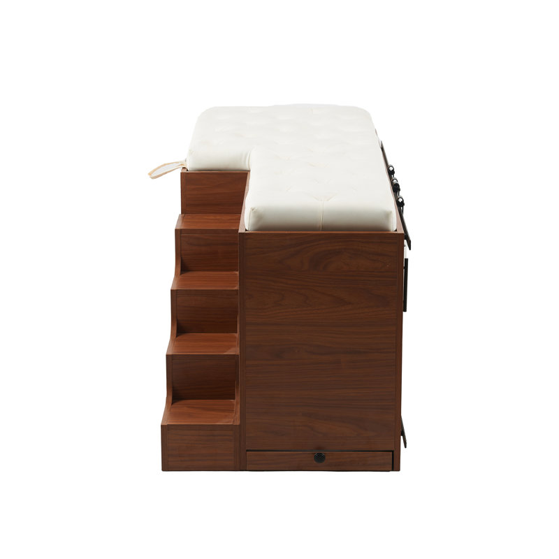 Cage pour chien de 56 po de L avec siège rembourré et verrous en métal noir, convient aux chiens de petite et moyenne taille, banc de couleur intérieure noyer - coussin de couleur, coussin, escalier conçu pour les animaux de compagnie, entretien facile