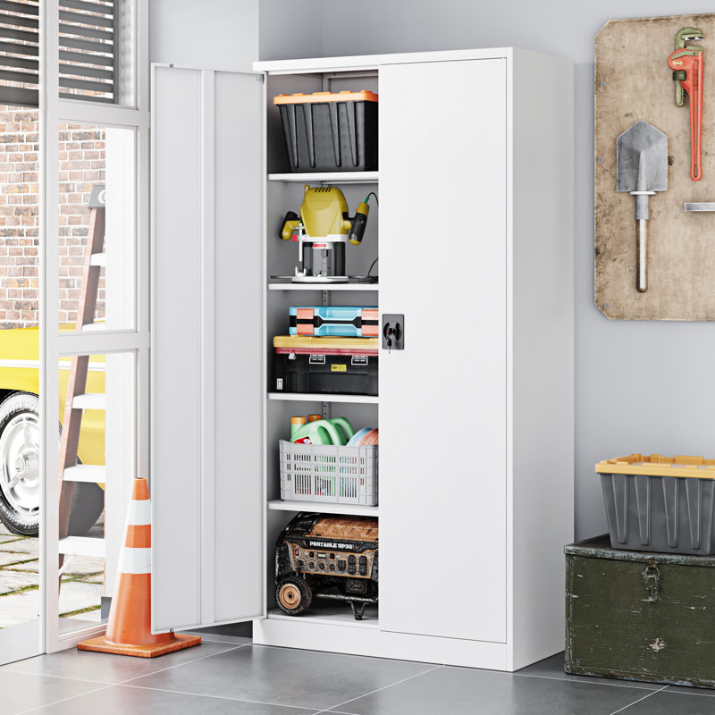 Grande armoire de rangement en acier de 35,43 pouces avec 2 portes et 5 tablettes ajustables, Blanc