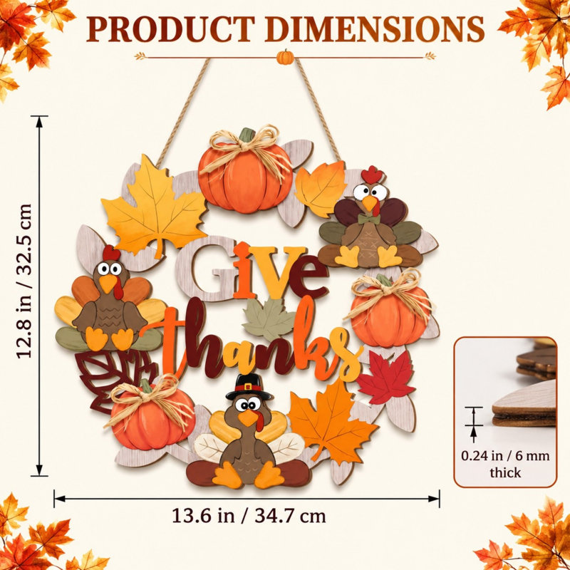Panneau de porte en bois de dinde de l'Action de grâce, décoration de couronne d'automne «Thanks Thanks»