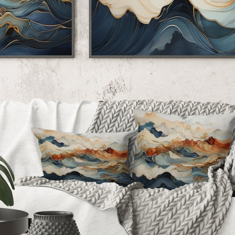 Coussin décoratif abstrait à imprimé abstrait orange et bleu River III
