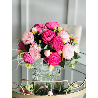 Rose Peony Arrangement, Realistic Artificial Faux Centerpiece In Glass Vase