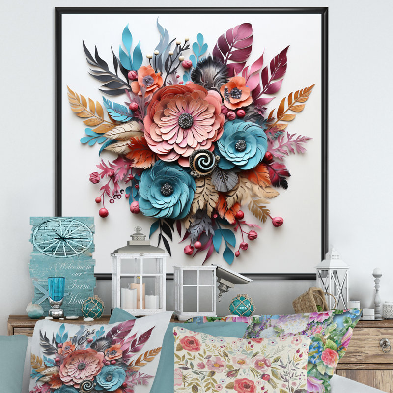 «Boho Flowers Bouquet» en bleu et rose sur toile, H 30 po x l 30 po, Cadre flottant noir