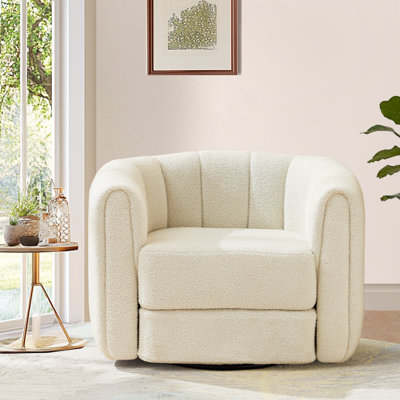 37" Wide Accent Chair, Boucle Upholstered Swivel Barrel Chair, White