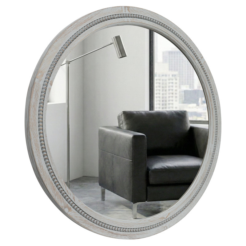 Miroir mural rond en bois massif, Gris patiné, 30 po x 30 po