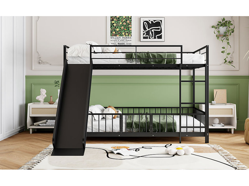 Lit superposé en métal avec glissière et garde-corps, Noir, Double