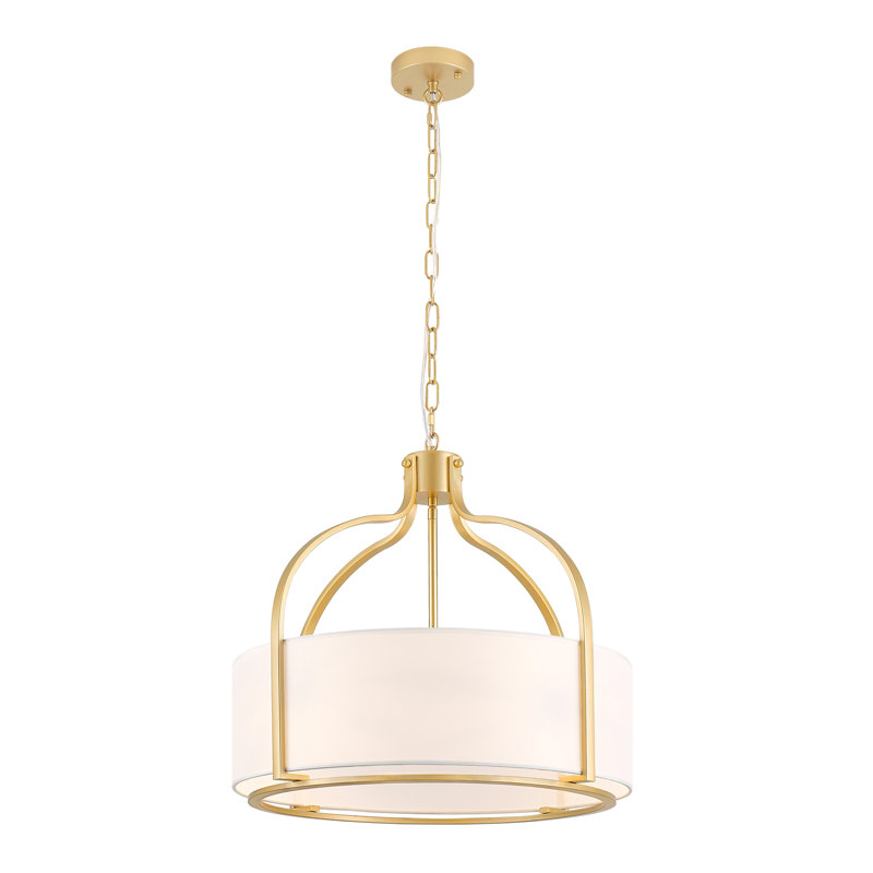 Lustre de style campagnard 5 lumières avec abat-jour en tissu blanc pour cuisine, salon, chambre à coucher, vestibule, Gold