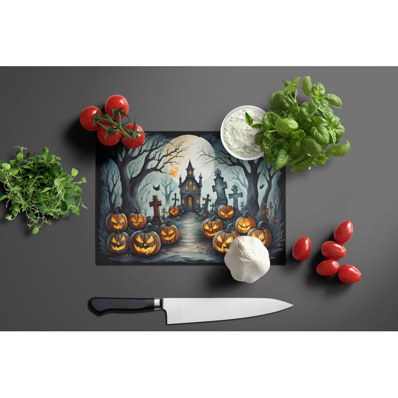 Graveyard Spooky Halloween Glass Cutting Board Large