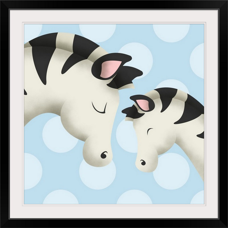 «Zebra Mommy and Baby on Blue», reproduction d'art encadrée pour enfants, H 20" x l 20" x P 1", Bleu, Cadre noir
