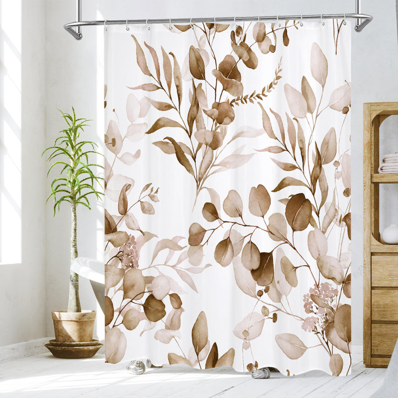 Rideau de douche à motif floral brun, rideaux de douche en tissu botanique en tissu moderne pour décoration de salle de bain rustique rétro, feuille d'eucalyptus brun clair aquarelle d'automne, 72 x 72