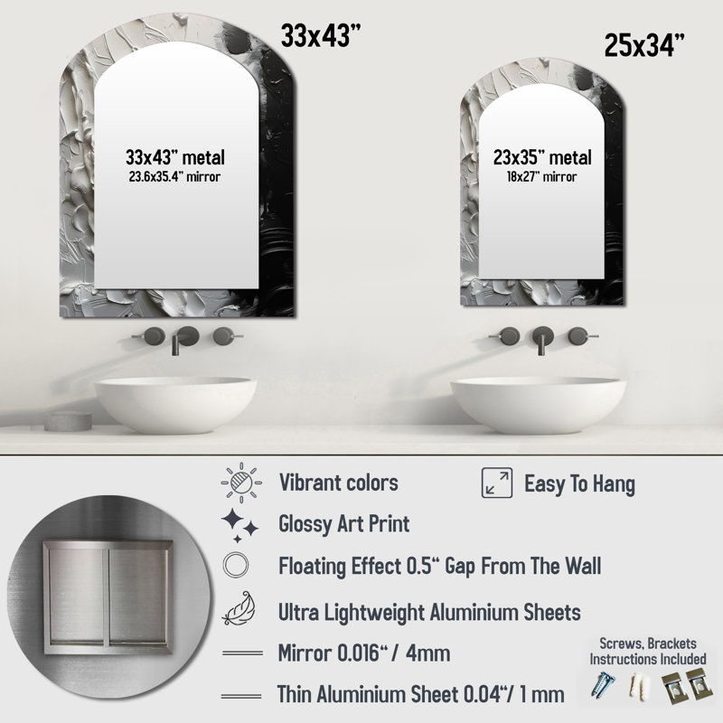 White And Black Tranquility Unleashed VI - Marble Arch Decorative Mirror, Modern Asymmetrical Wall Mirror, Printed Metal Art