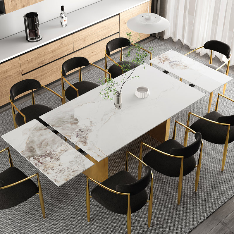 Modern 63" To 94.48" Extendable Sintered Stone Dining Table With Metal Legs , Seats 8-10, Chanel White, Gold