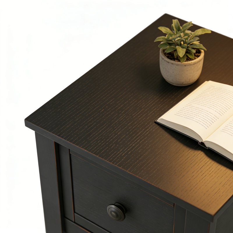 Table de chevet étroite noire avec tiroir et tablette ouverte - Table d'appoint peu encombrante pour la chambre à coucher ou le salon (design minimaliste moderne)