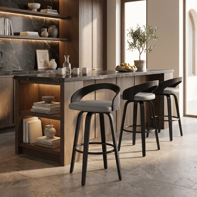 Tabouret de bar pivotant à hauteur de comptoir ou de bar avec dossier bas ouvert en similicuir et bois, Gris, Noir