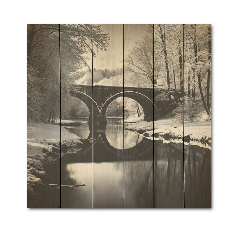 Ponts, paysage d'hiver - art mural en bois sur un bois de pin naturel, H 25 po x l 25 po