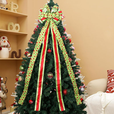 52"x13" Large Green Christmas Tree Topper Bow, Red & Green Dot Pattern Gift Bow For Holiday, Wedding, Thanksgiving & Indoor/outdoor Decorations
