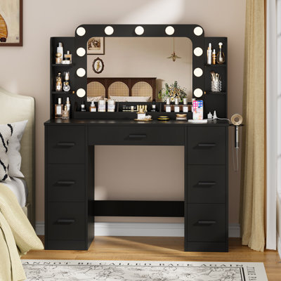 Makeup Vanity with Lights & Power Outlet - 3 Color LED Mirror, 14 Storage Organizers, Makeup Table for Bedroom & Dressing Room by Latitude Run