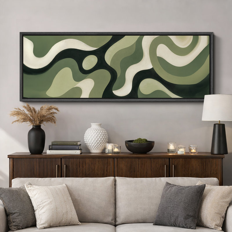 Impression sur toile encadrée, vert olive foncé, abstrait, moderne et contemporain, 20" H x 60" W x 1.5" D, Black