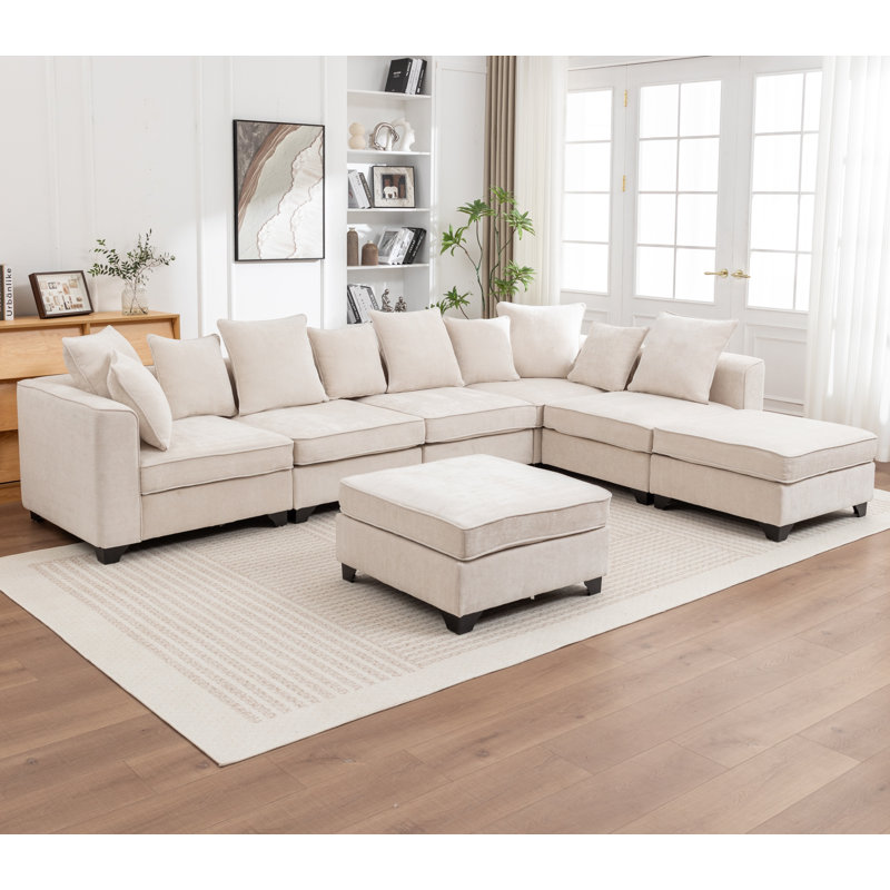 Bennett 7-Piece L-Shaped Sectional Sofa, Beige Chenille
