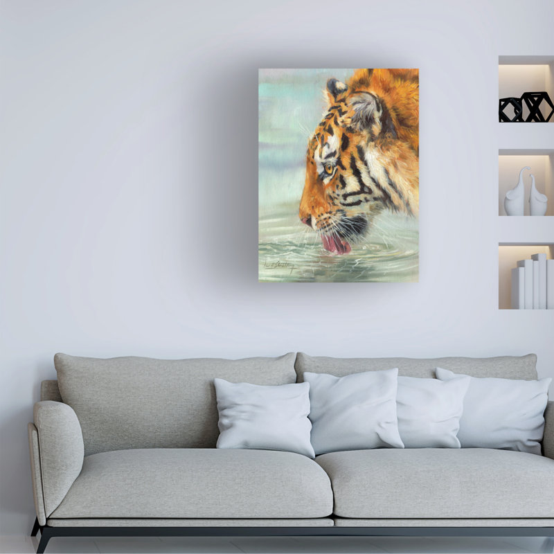 David Stribbling Tiger Drinking Canvas Art, 18" H x 24" W